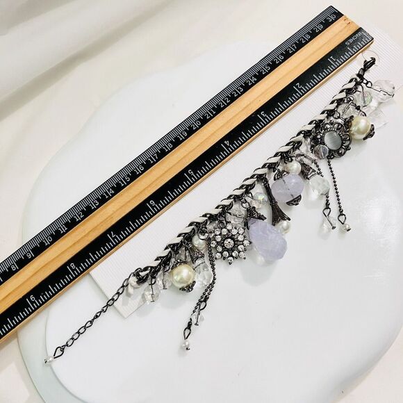 Art Glass Dangle Charm Bracelet Faux Pearl Leather Lilac Rhinestone Dangle - Picture 12 of 12